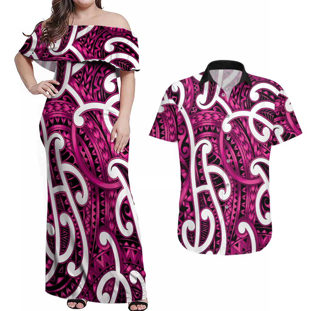 Aotearoa Maori Kowhaiwhai Couples Matching Off Shoulder Maxi Dress and Hawaiian Shirt Mawhero Puhoro and Patiki LT9 Pink - Polynesian Pride
