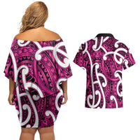 Aotearoa Maori Kowhaiwhai Couples Matching Off Shoulder Short Dress and Hawaiian Shirt Mawhero Puhoro and Patiki LT9 - Polynesian Pride