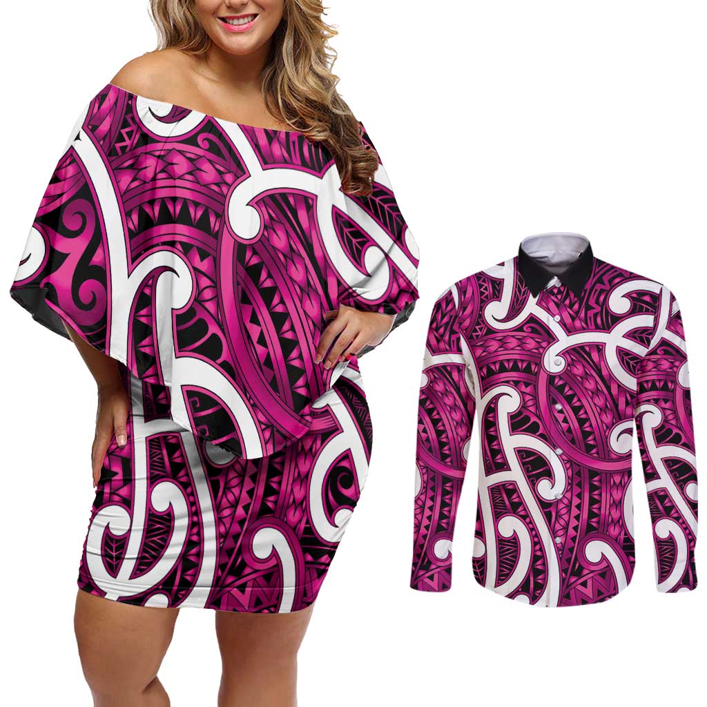 Aotearoa Maori Kowhaiwhai Couples Matching Off Shoulder Short Dress and Long Sleeve Button Shirt Mawhero Puhoro and Patiki LT9 Pink - Polynesian Pride