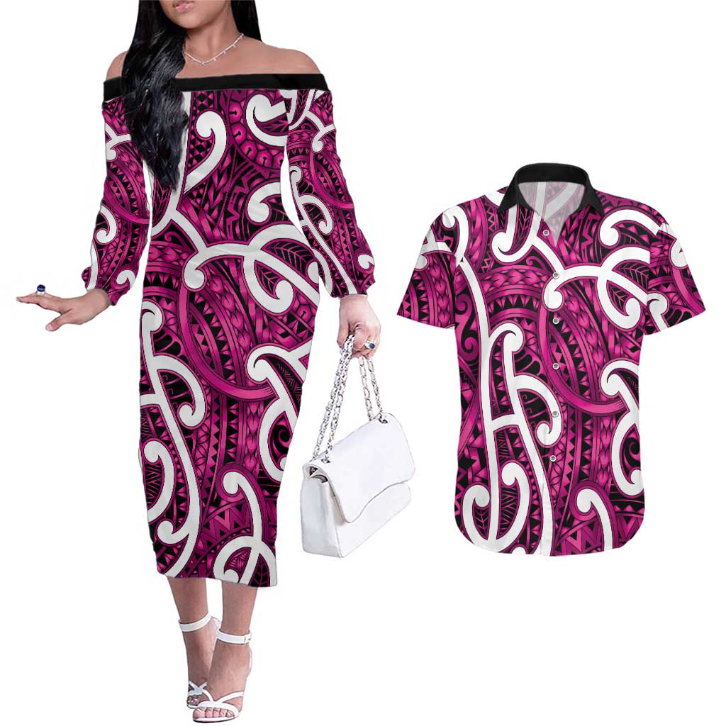 Aotearoa Maori Kowhaiwhai Couples Matching Off The Shoulder Long Sleeve Dress and Hawaiian Shirt Mawhero Puhoro and Patiki LT9 Pink - Polynesian Pride