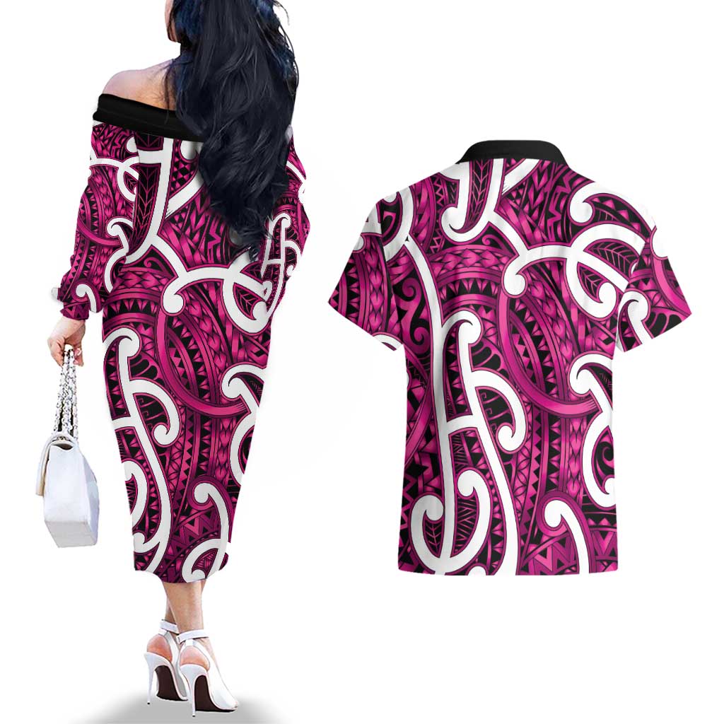 Aotearoa Maori Kowhaiwhai Couples Matching Off The Shoulder Long Sleeve Dress and Hawaiian Shirt Mawhero Puhoro and Patiki LT9 - Polynesian Pride