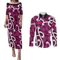 Aotearoa Maori Kowhaiwhai Couples Matching Puletasi and Long Sleeve Button Shirt Mawhero Puhoro and Patiki