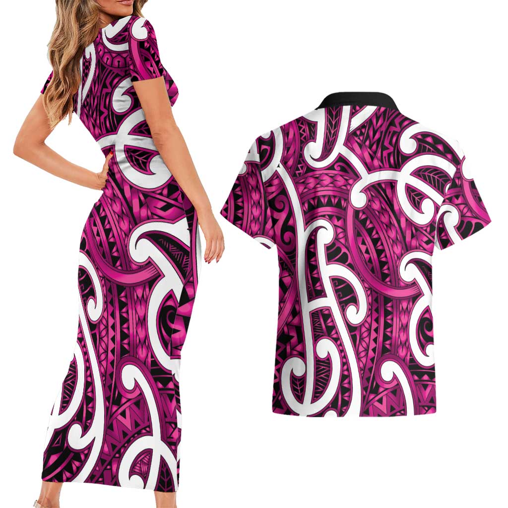 Aotearoa Maori Kowhaiwhai Couples Matching Short Sleeve Bodycon Dress and Hawaiian Shirt Mawhero Puhoro and Patiki LT9 - Polynesian Pride