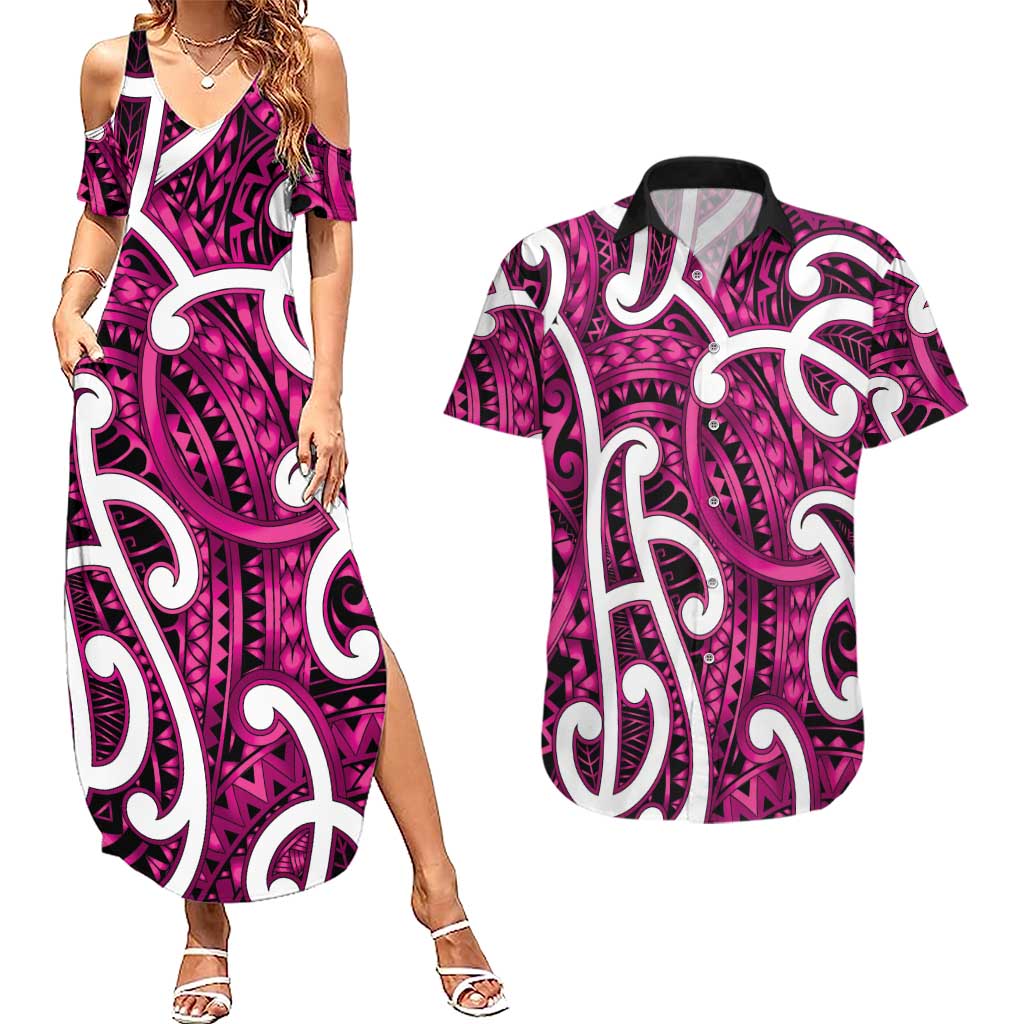 Aotearoa Maori Kowhaiwhai Couples Matching Summer Maxi Dress and Hawaiian Shirt Mawhero Puhoro and Patiki LT9 Pink - Polynesian Pride