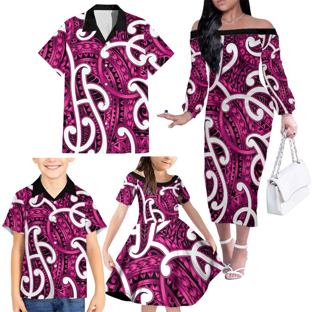 Aotearoa Maori Kowhaiwhai Family Matching Off The Shoulder Long Sleeve Dress and Hawaiian Shirt Mawhero Puhoro and Patiki LT9 - Polynesian Pride