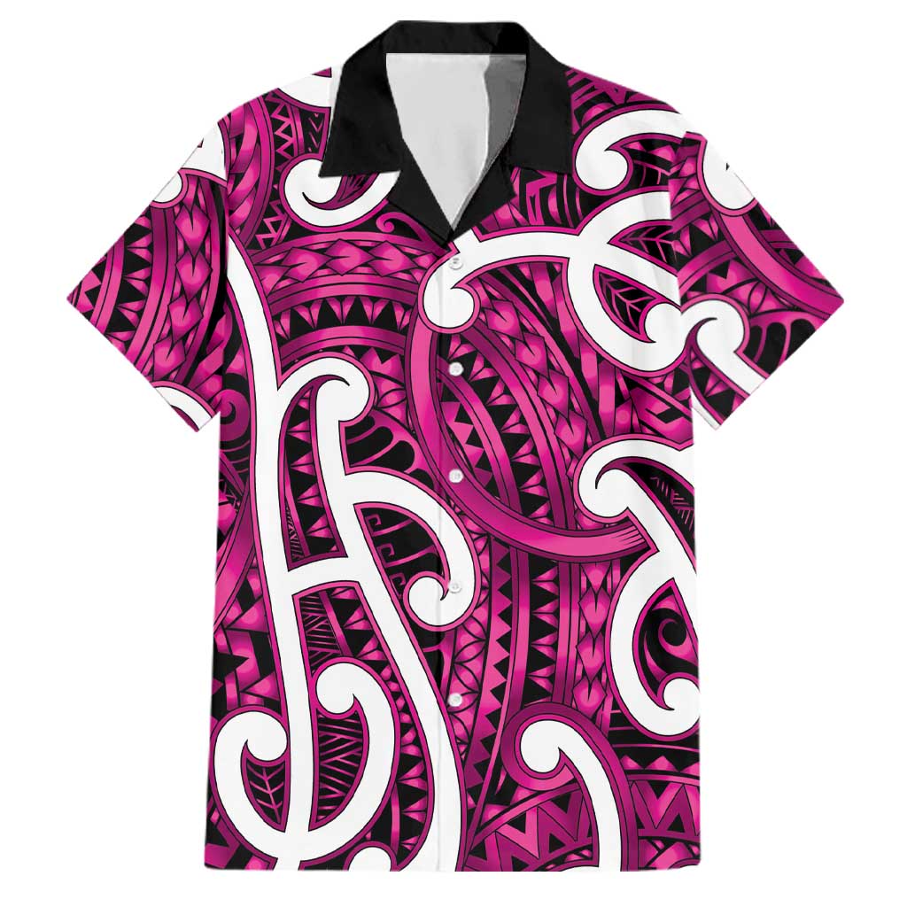 Aotearoa Maori Kowhaiwhai Family Matching Off The Shoulder Long Sleeve Dress and Hawaiian Shirt Mawhero Puhoro and Patiki LT9 Dad's Shirt - Short Sleeve Pink - Polynesian Pride