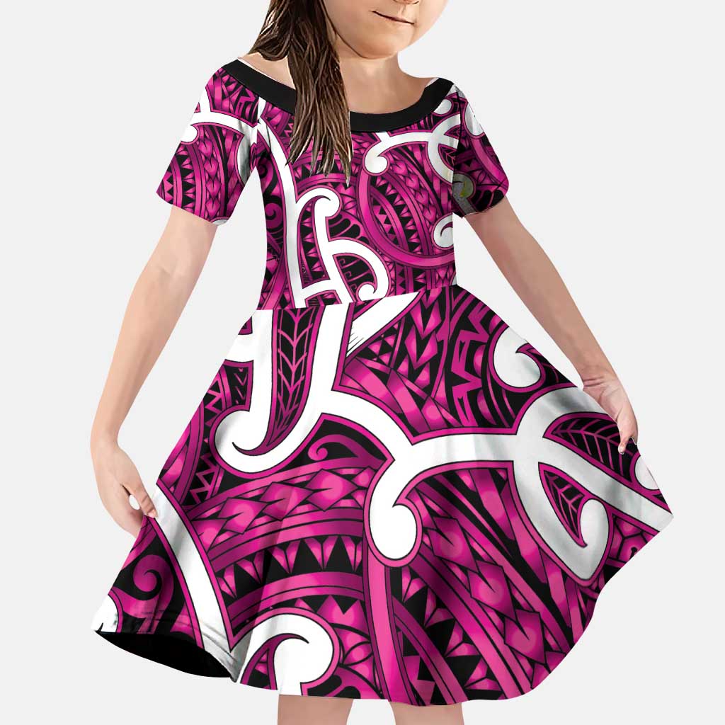 Aotearoa Maori Kowhaiwhai Family Matching Puletasi and Hawaiian Shirt Mawhero Puhoro and Patiki LT9 Daughter's Dress Pink - Polynesian Pride