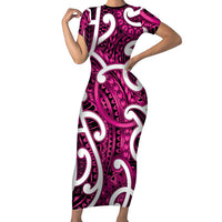 Aotearoa Maori Kowhaiwhai Family Matching Short Sleeve Bodycon Dress and Hawaiian Shirt Mawhero Puhoro and Patiki LT9 Mom's Dress Pink - Polynesian Pride