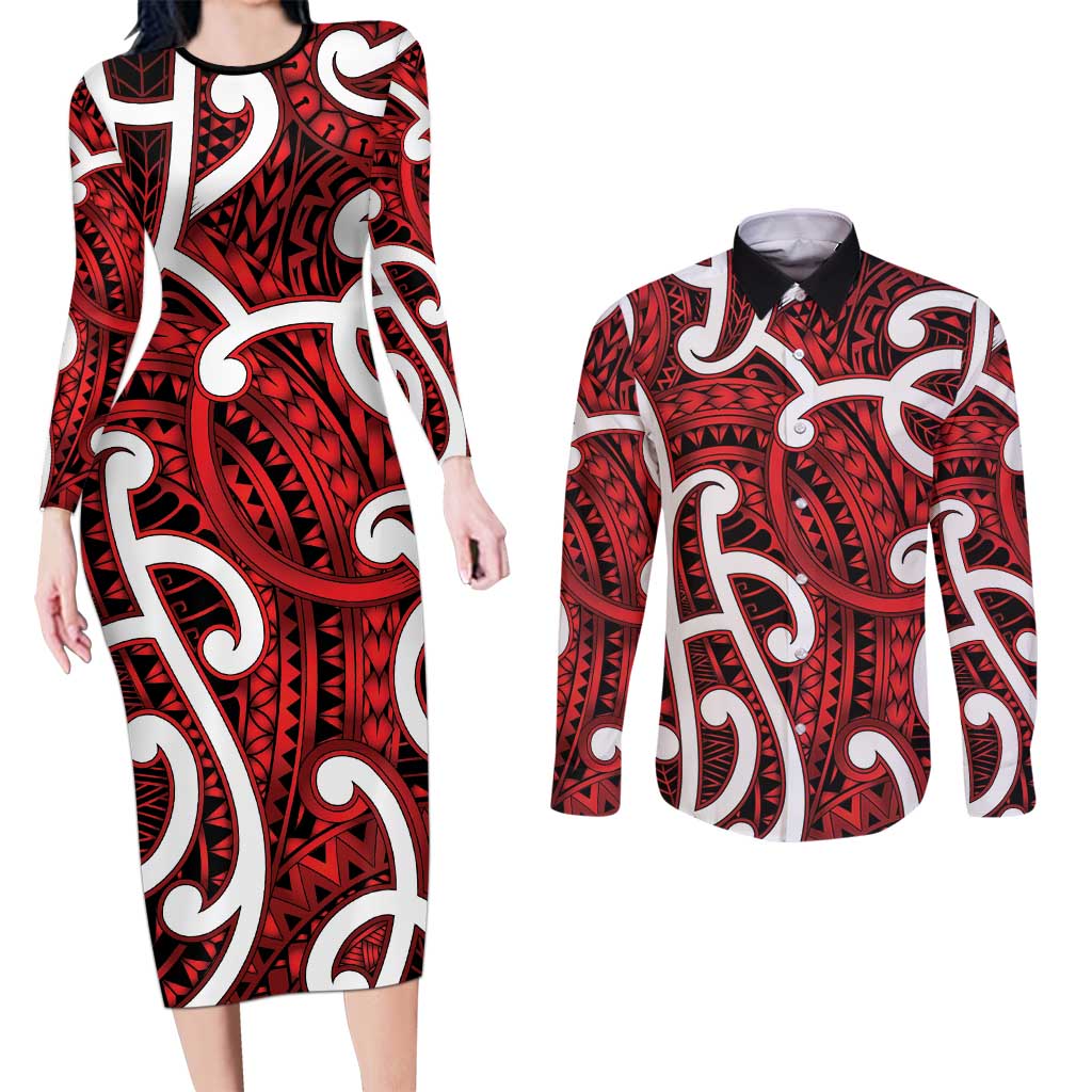 Aotearoa Maori Kowhaiwhai Couples Matching Long Sleeve Bodycon Dress and Long Sleeve Button Shirt Whero Puhoro and Patiki LT9 Red - Polynesian Pride