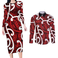 Aotearoa Maori Kowhaiwhai Couples Matching Long Sleeve Bodycon Dress and Long Sleeve Button Shirt Whero Puhoro and Patiki LT9 Red - Polynesian Pride