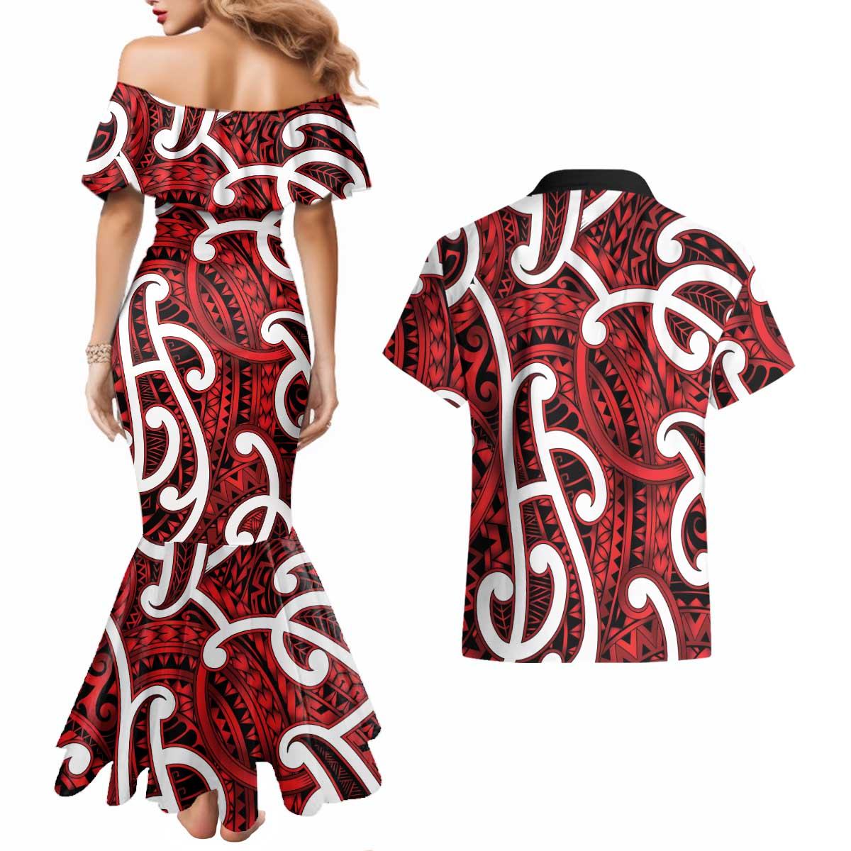 Aotearoa Maori Kowhaiwhai Couples Matching Mermaid Dress and Hawaiian Shirt Whero Puhoro and Patiki LT9 - Polynesian Pride
