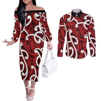 Aotearoa Maori Kowhaiwhai Couples Matching Off The Shoulder Long Sleeve Dress and Long Sleeve Button Shirt Whero Puhoro and Patiki LT9 Red - Polynesian Pride