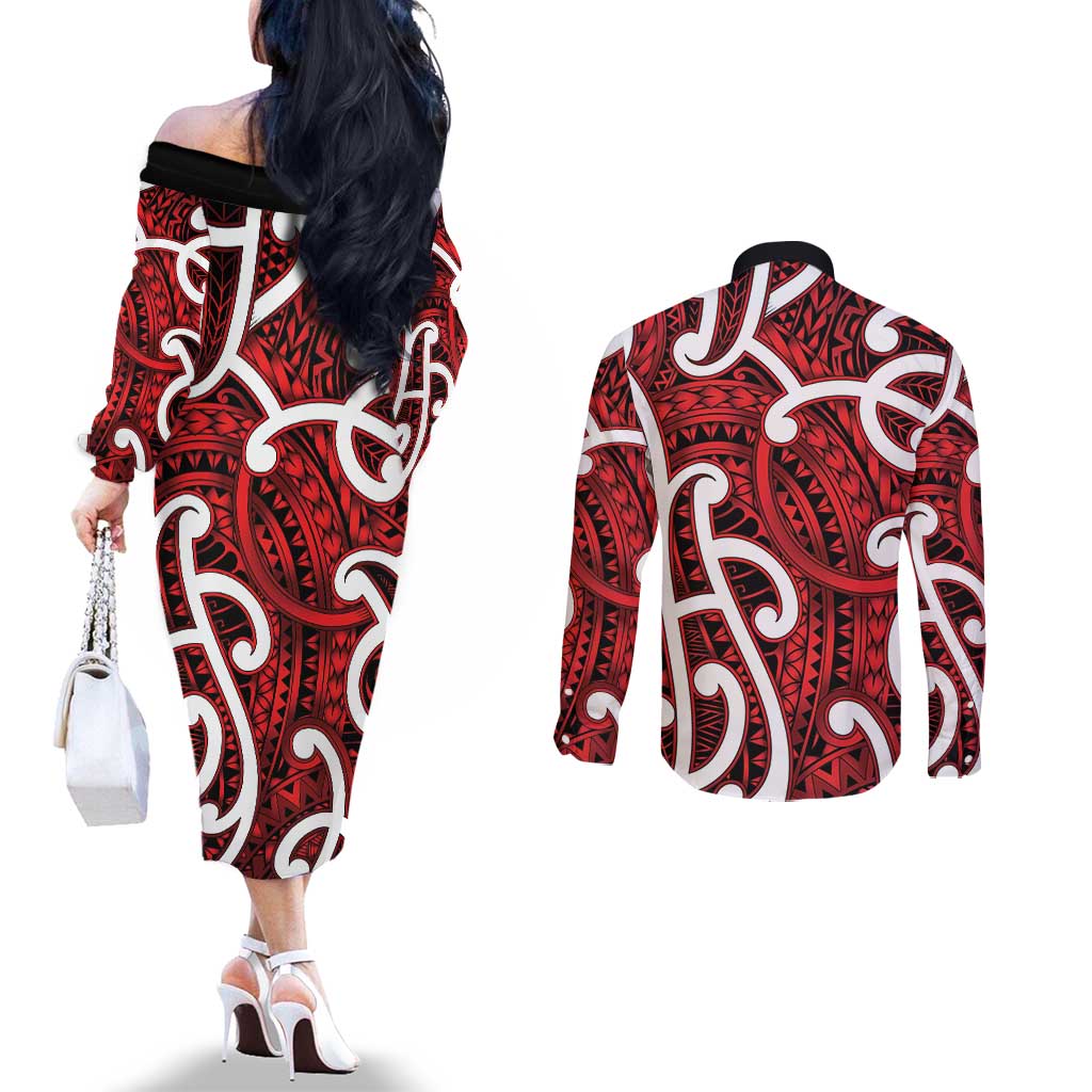 Aotearoa Maori Kowhaiwhai Couples Matching Off The Shoulder Long Sleeve Dress and Long Sleeve Button Shirt Whero Puhoro and Patiki LT9 - Polynesian Pride