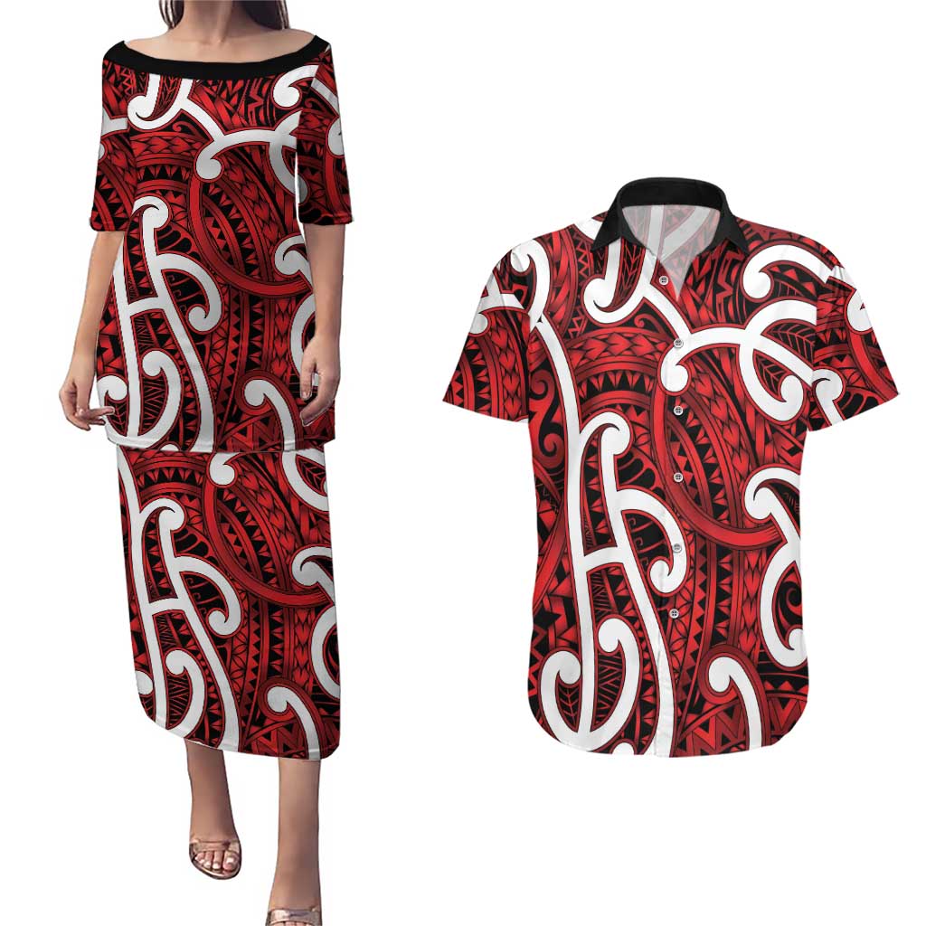 Aotearoa Maori Kowhaiwhai Couples Matching Puletasi and Hawaiian Shirt Whero Puhoro and Patiki