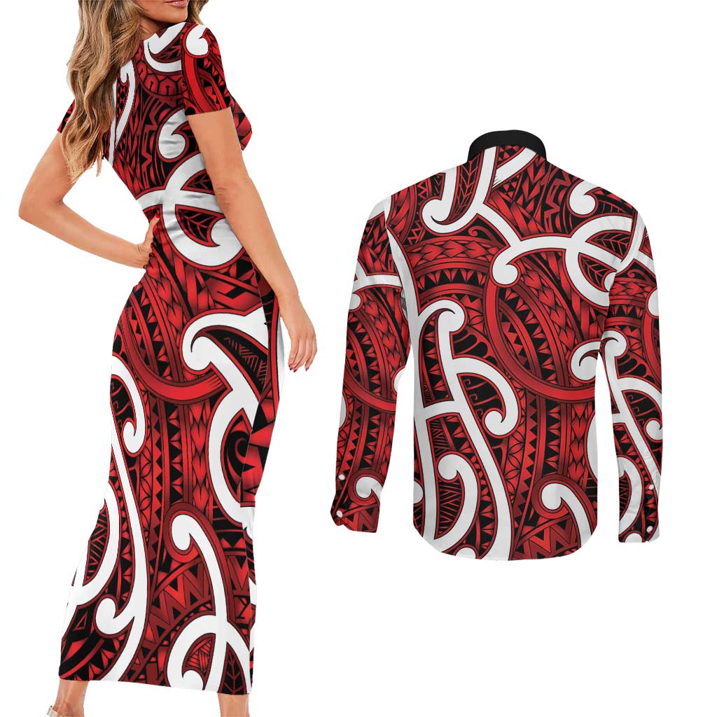Aotearoa Maori Kowhaiwhai Couples Matching Short Sleeve Bodycon Dress and Long Sleeve Button Shirt Whero Puhoro and Patiki LT9 - Polynesian Pride