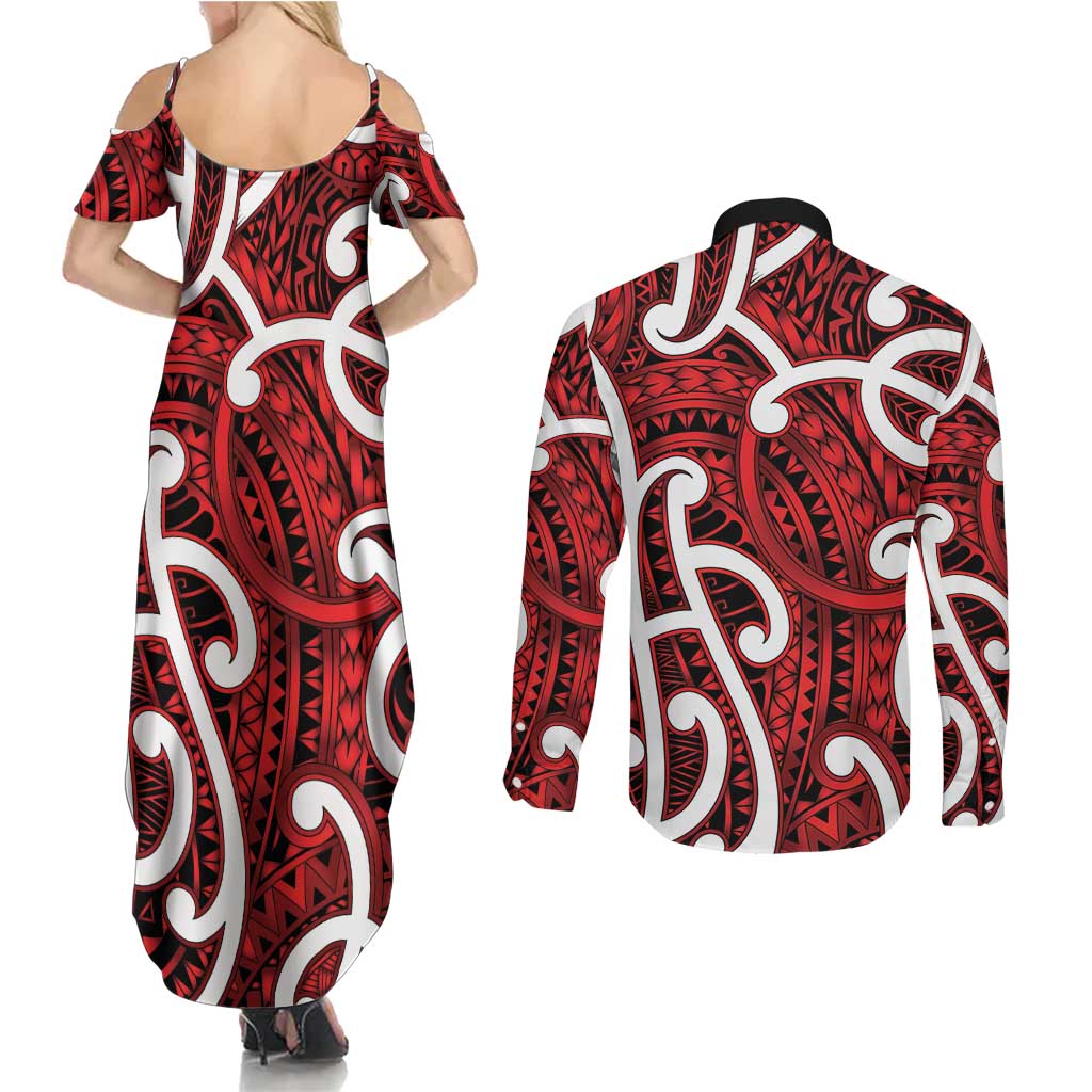 Aotearoa Maori Kowhaiwhai Couples Matching Summer Maxi Dress and Long Sleeve Button Shirt Whero Puhoro and Patiki LT9 - Polynesian Pride