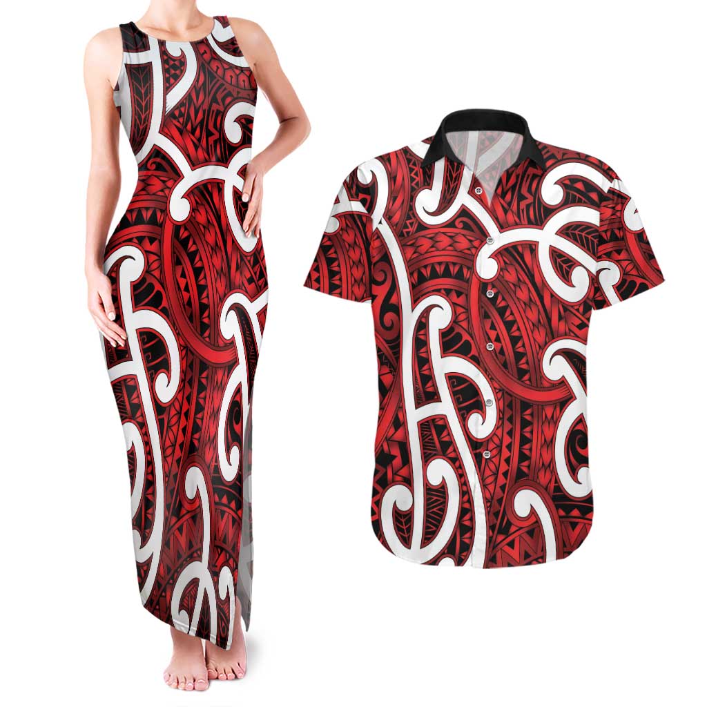 Aotearoa Maori Kowhaiwhai Couples Matching Tank Maxi Dress and Hawaiian Shirt Whero Puhoro and Patiki LT9 Red - Polynesian Pride