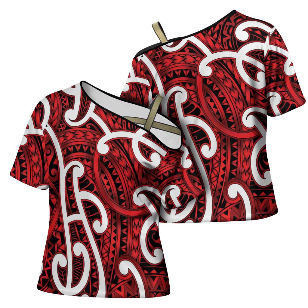 Aotearoa Maori Kowhaiwhai Cross Shoulder Shirt Whero Puhoro and Patiki