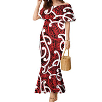 Aotearoa Maori Kowhaiwhai Family Matching Mermaid Dress and Hawaiian Shirt Whero Puhoro and Patiki LT9 Mom's Dress Red - Polynesian Pride