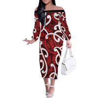 Aotearoa Maori Kowhaiwhai Family Matching Off The Shoulder Long Sleeve Dress and Hawaiian Shirt Whero Puhoro and Patiki LT9 Mom's Dress Red - Polynesian Pride