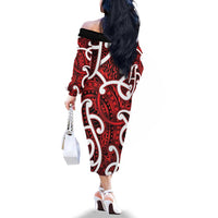 Aotearoa Maori Kowhaiwhai Family Matching Off The Shoulder Long Sleeve Dress and Hawaiian Shirt Whero Puhoro and Patiki LT9 - Polynesian Pride