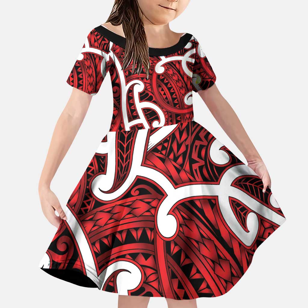 Aotearoa Maori Kowhaiwhai Family Matching Off Shoulder Short Dress and Hawaiian Shirt Whero Puhoro and Patiki LT9 Daughter's Dress Red - Polynesian Pride