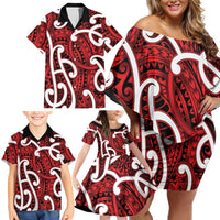 Aotearoa Maori Kowhaiwhai Family Matching Off Shoulder Short Dress and Hawaiian Shirt Whero Puhoro and Patiki LT9 - Polynesian Pride