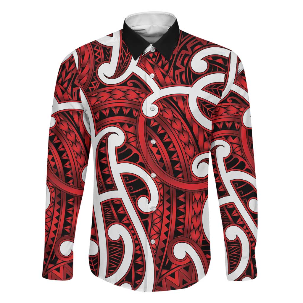 Aotearoa Maori Kowhaiwhai Family Matching Puletasi and Hawaiian Shirt Whero Puhoro and Patiki LT9 Dad's Shirt - Long Sleeve Red - Polynesian Pride