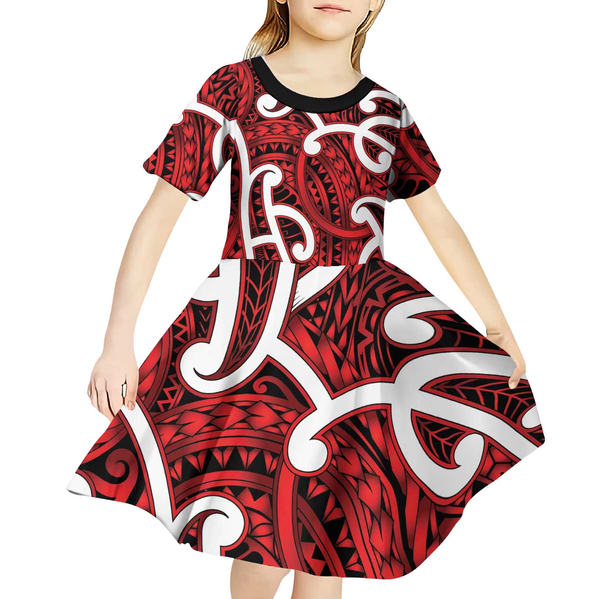 Aotearoa Maori Kowhaiwhai Kid Short Sleeve Dress Whero Puhoro and Patiki