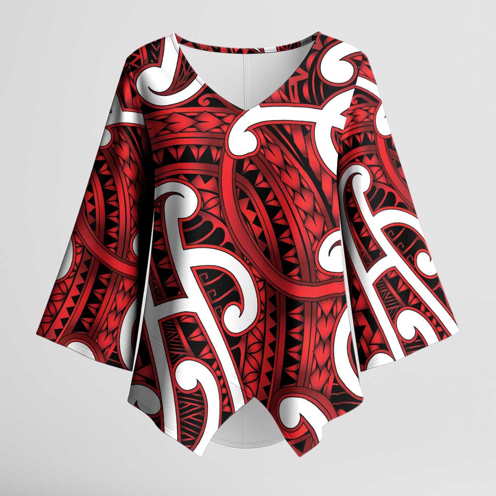 Aotearoa Maori Kowhaiwhai Kimono Sleeve Blouse Whero Puhoro and Patiki
