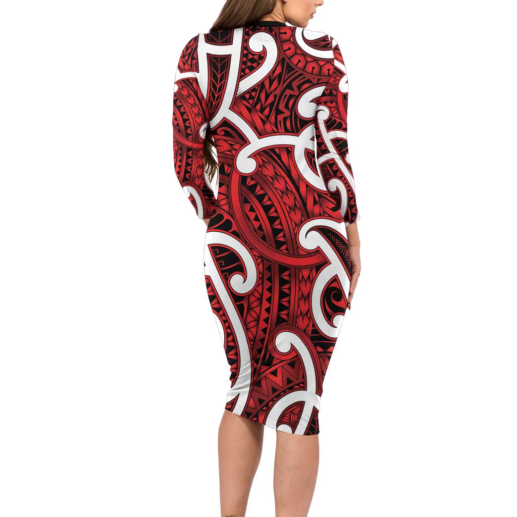 Aotearoa Maori Kowhaiwhai Long Sleeve Bodycon Dress Whero Puhoro and Patiki