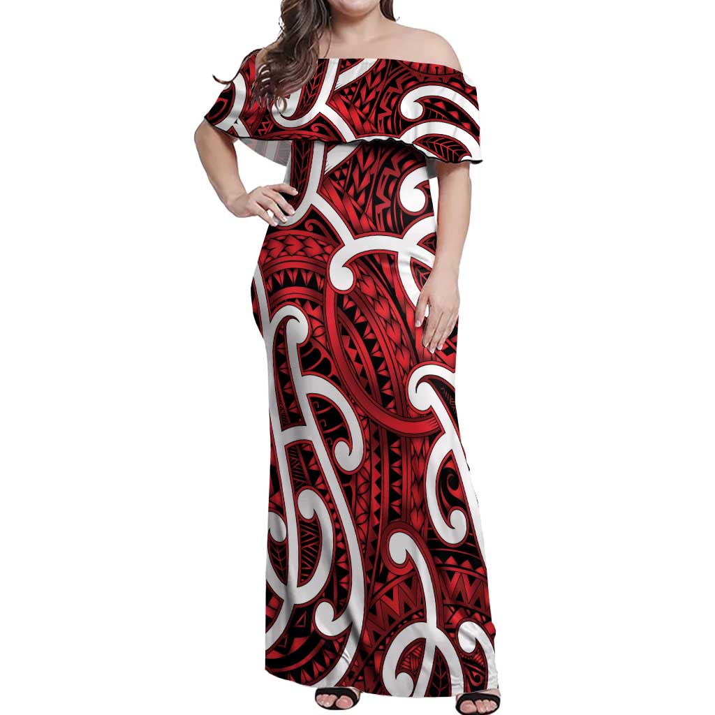 Aotearoa Maori Kowhaiwhai Off Shoulder Maxi Dress Whero Puhoro and Patiki
