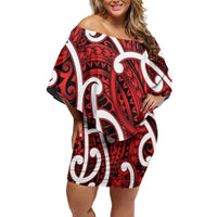 Aotearoa Maori Kowhaiwhai Off Shoulder Short Dress Whero Puhoro and Patiki LT9 Women Red - Polynesian Pride