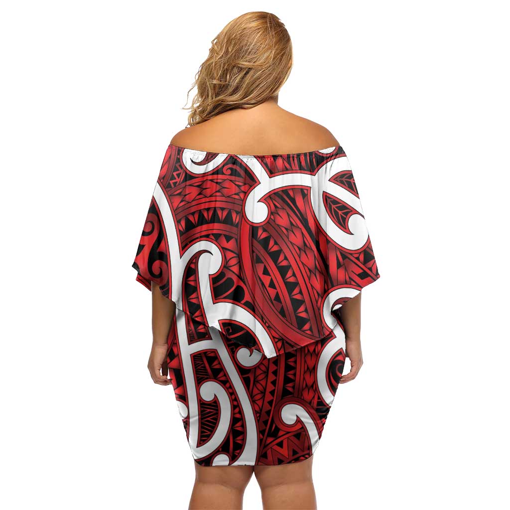 Aotearoa Maori Kowhaiwhai Off Shoulder Short Dress Whero Puhoro and Patiki LT9 - Polynesian Pride