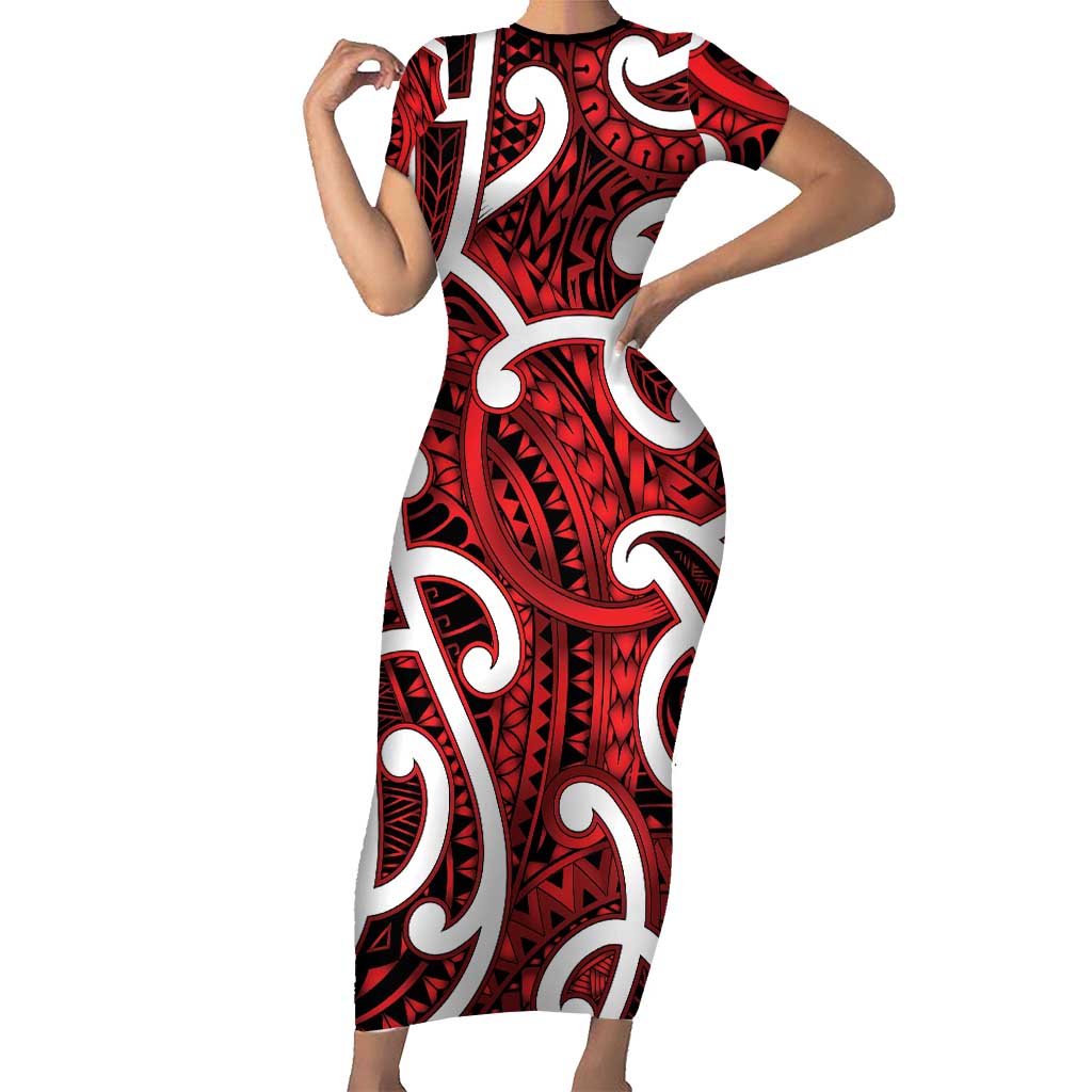 Aotearoa Maori Kowhaiwhai Short Sleeve Bodycon Dress Whero Puhoro and Patiki