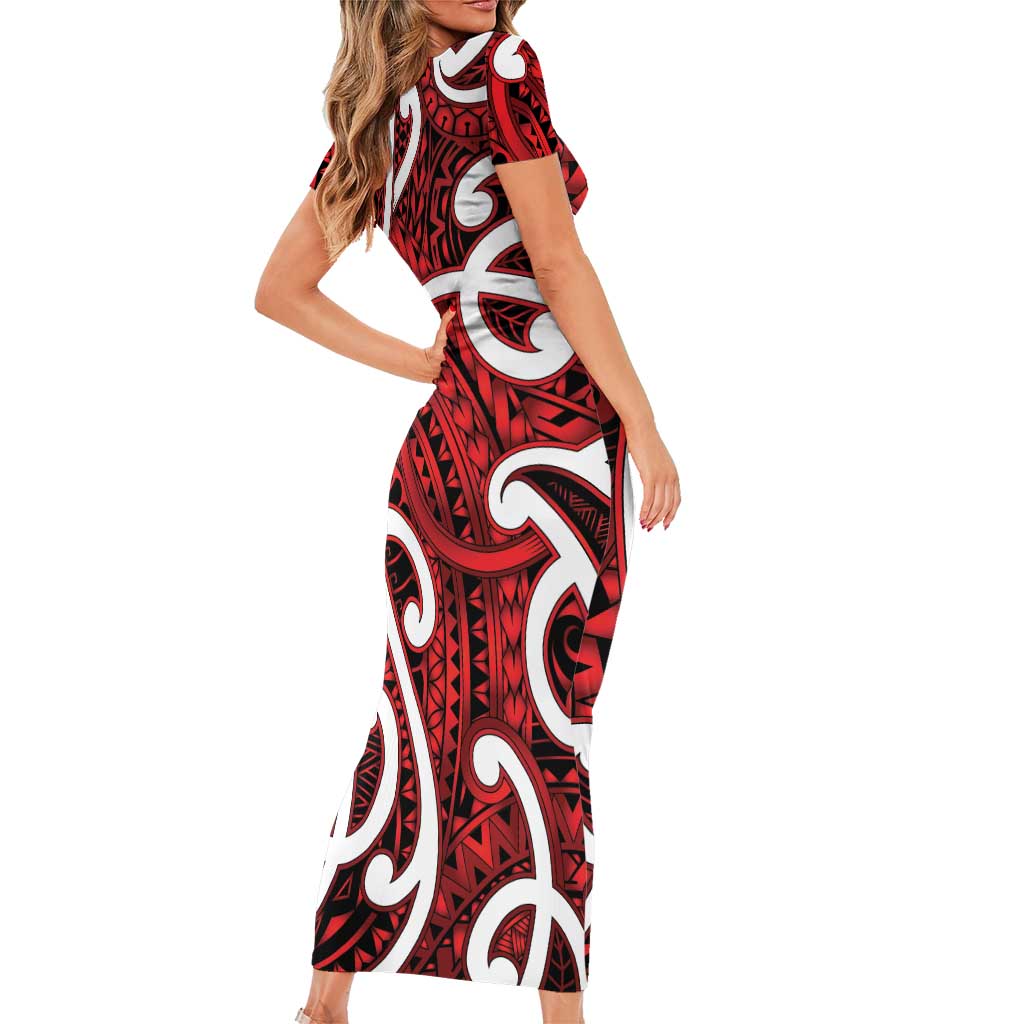 Aotearoa Maori Kowhaiwhai Short Sleeve Bodycon Dress Whero Puhoro and Patiki