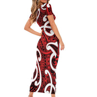 Aotearoa Maori Kowhaiwhai Short Sleeve Bodycon Dress Whero Puhoro and Patiki