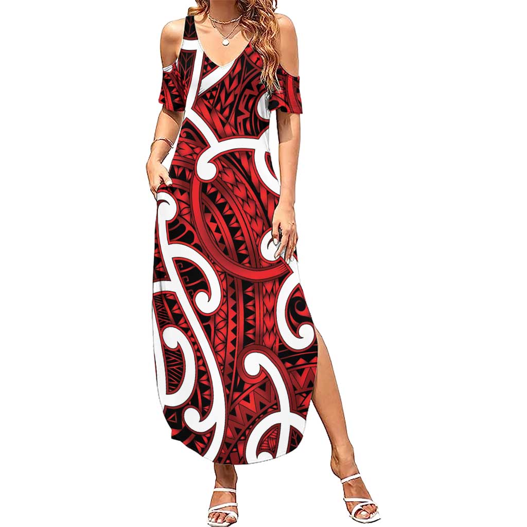 Aotearoa Maori Kowhaiwhai Summer Maxi Dress Whero Puhoro and Patiki LT9 Women Red - Polynesian Pride