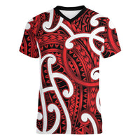 Aotearoa Maori Kowhaiwhai Women V-Neck T-Shirt Whero Puhoro and Patiki LT9 Female Red - Polynesian Pride