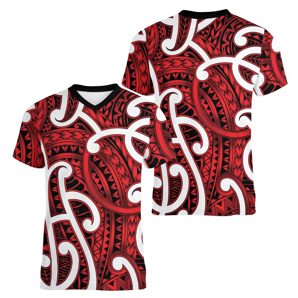 Aotearoa Maori Kowhaiwhai Women V-Neck T-Shirt Whero Puhoro and Patiki LT9 - Polynesian Pride