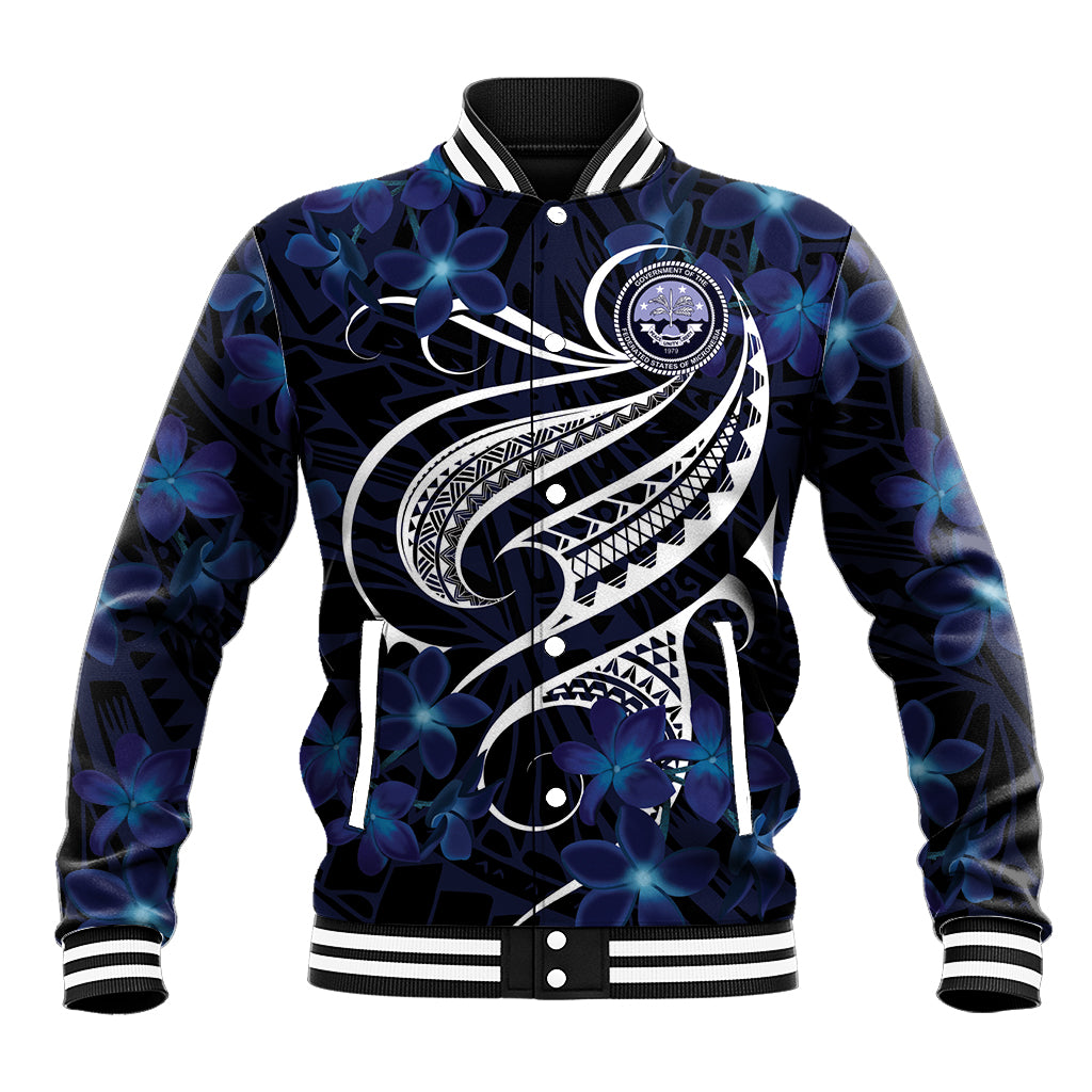 Micronesia Constitution Day Baseball Jacket Since 1979 with Polynesian Hibiscus Pattern