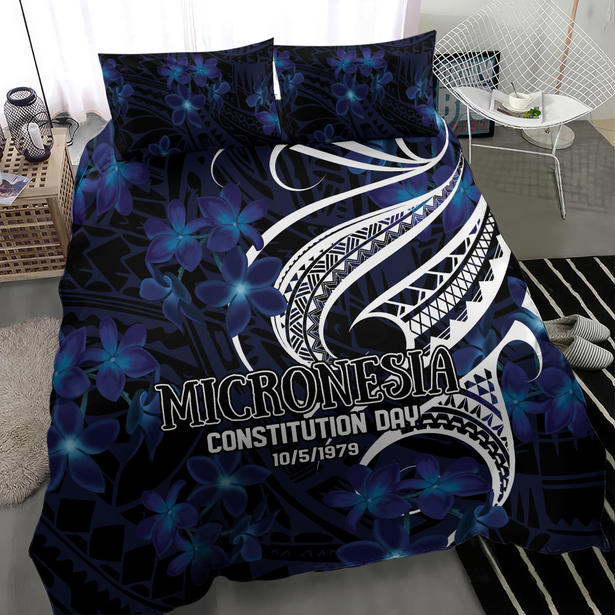 Micronesia Constitution Day Bedding Set Since 1979 with Polynesian Hibiscus Pattern