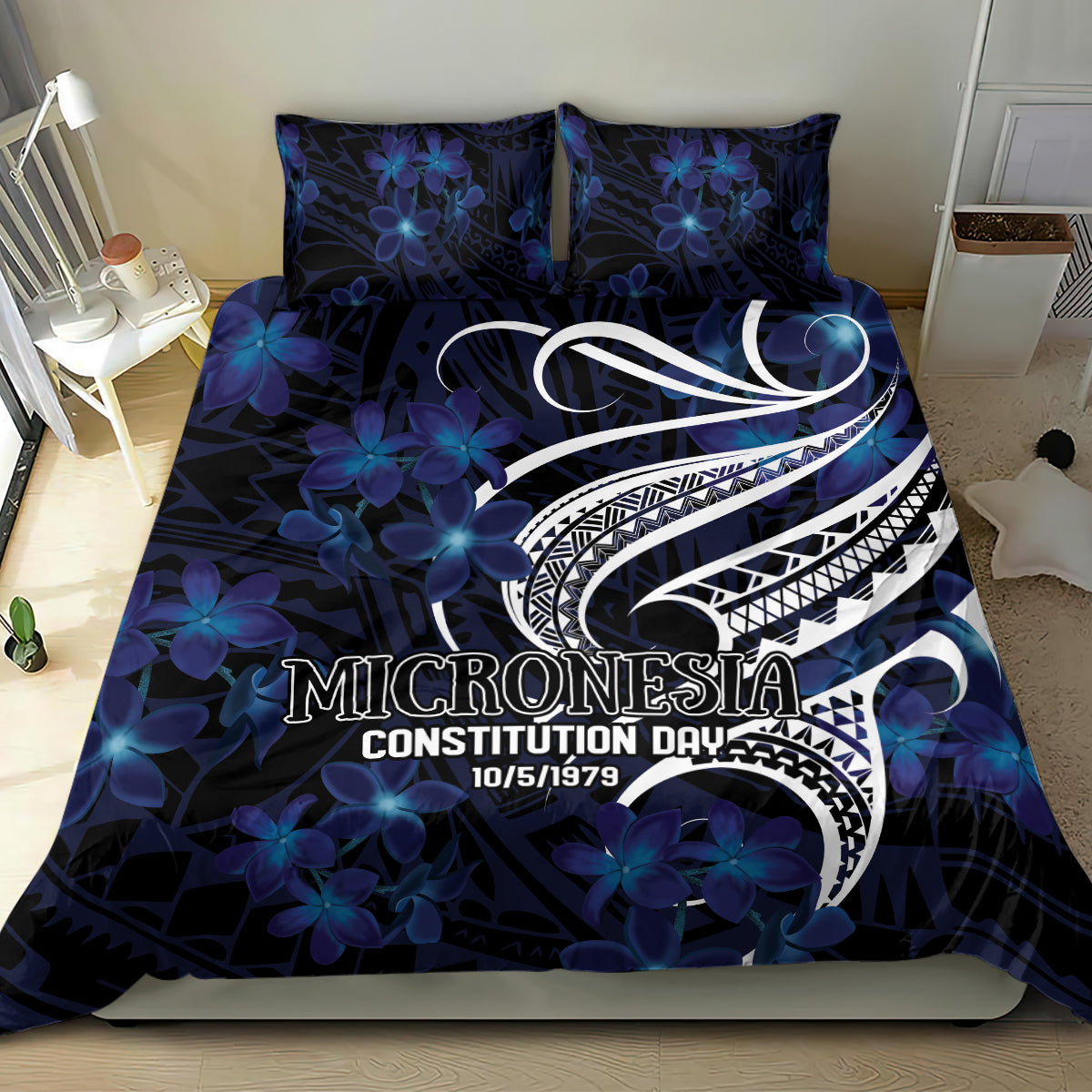 Micronesia Constitution Day Bedding Set Since 1979 with Polynesian Hibiscus Pattern