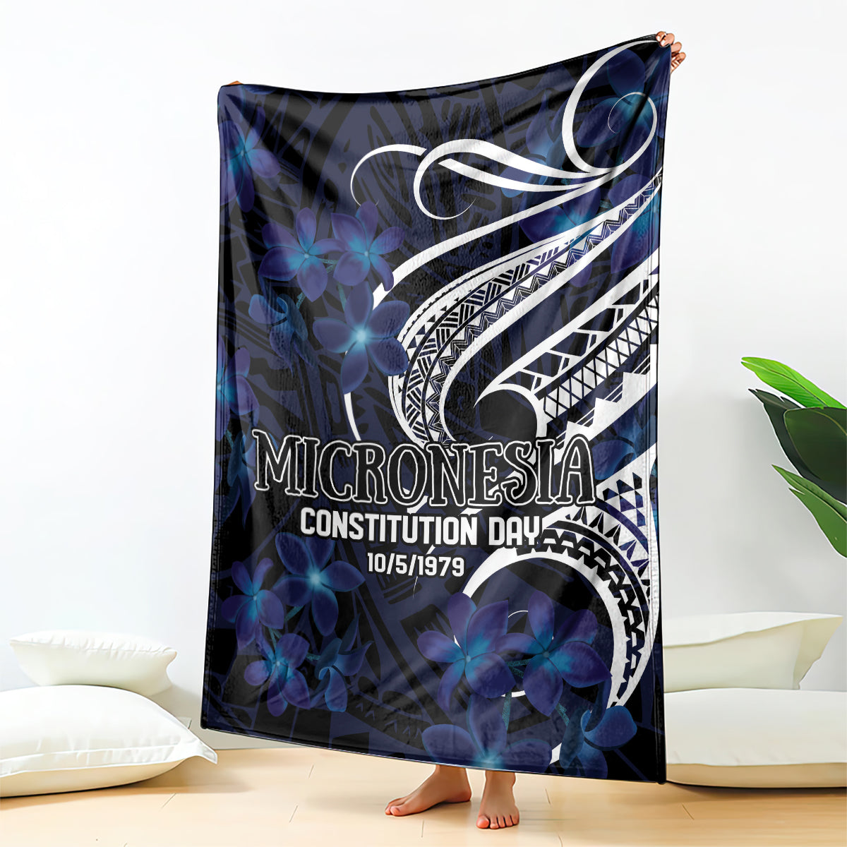 Micronesia Constitution Day Blanket Since 1979 with Polynesian Hibiscus Pattern