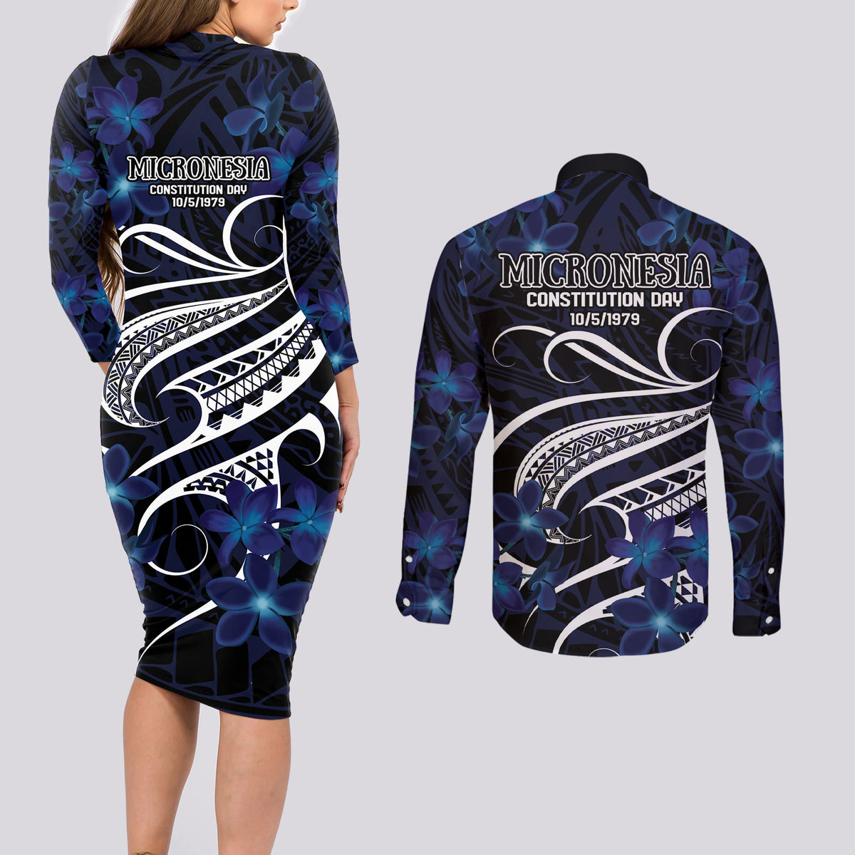 Micronesia Constitution Day Couples Matching Long Sleeve Bodycon Dress and Long Sleeve Button Shirt Since 1979 with Polynesian Hibiscus Pattern