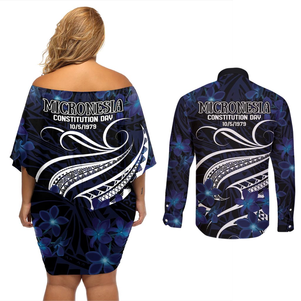 Micronesia Constitution Day Couples Matching Off Shoulder Short Dress and Long Sleeve Button Shirt Since 1979 with Polynesian Hibiscus Pattern