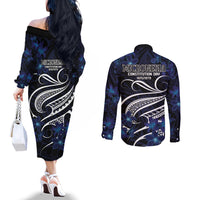 Micronesia Constitution Day Couples Matching Off The Shoulder Long Sleeve Dress and Long Sleeve Button Shirt Since 1979 with Polynesian Hibiscus Pattern