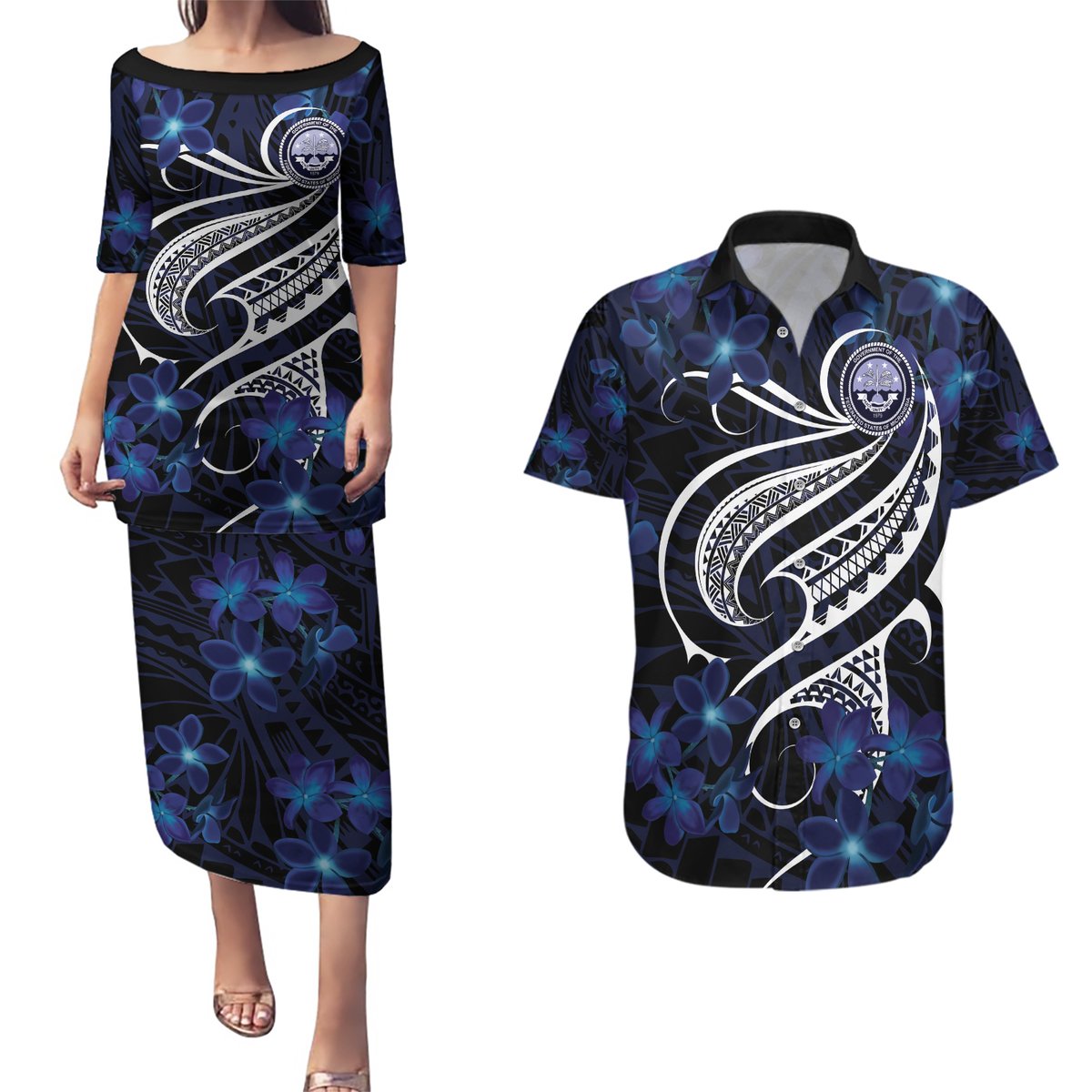 Micronesia Constitution Day Couples Matching Puletasi and Hawaiian Shirt Since 1979 with Polynesian Hibiscus Pattern LT9 Blue - Polynesian Pride