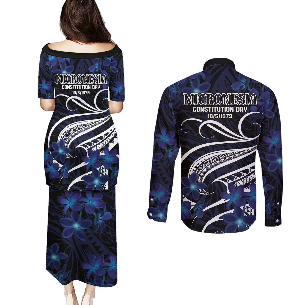 Micronesia Constitution Day Couples Matching Puletasi and Long Sleeve Button Shirt Since 1979 with Polynesian Hibiscus Pattern
