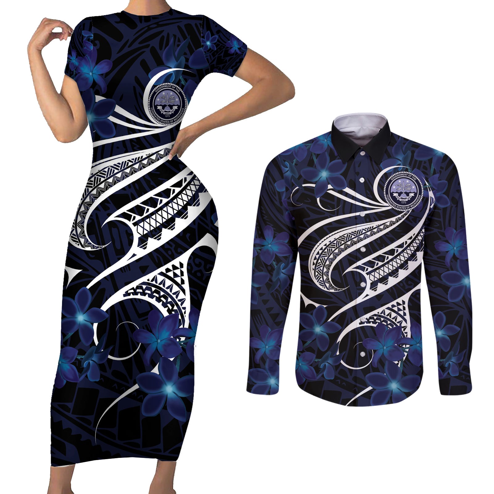 Micronesia Constitution Day Couples Matching Short Sleeve Bodycon Dress and Long Sleeve Button Shirt Since 1979 with Polynesian Hibiscus Pattern